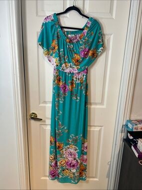 Floral Teal Maxi Dress with Elastic Waist